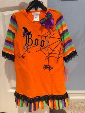 Bonnie Jean Halloween 'Boo!' Spider Web Dress with Striped Sleeves